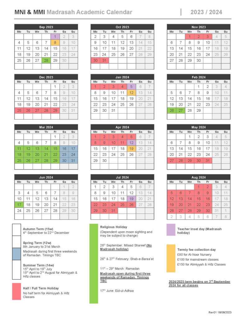 MNI & MMI Madrasah Academic Calendar 2023/2024
